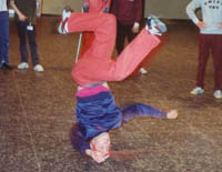 Tony doing a headspin while waiting to go on ZDF television -Frankfurt 1990